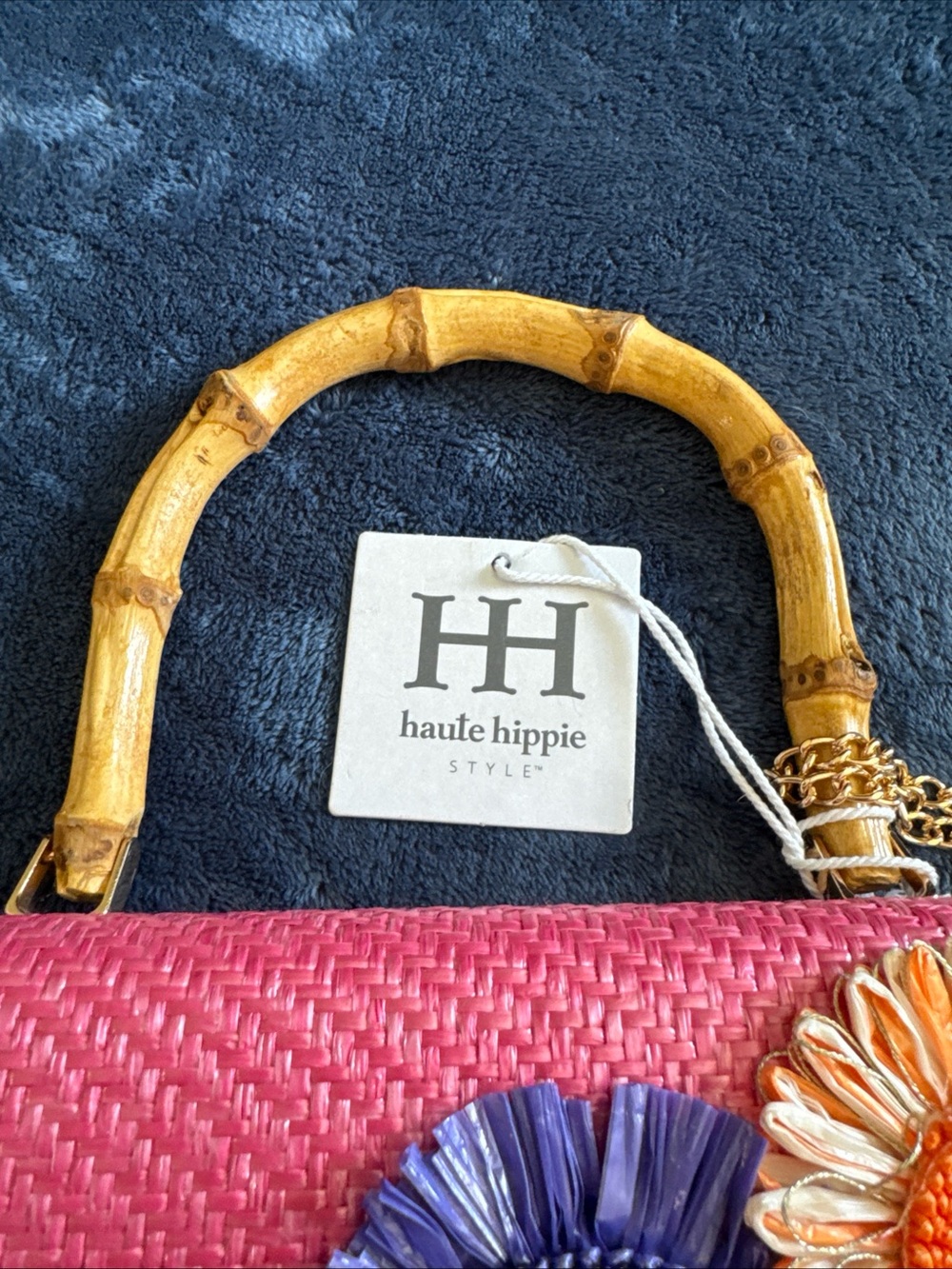 New Haute Hippie Straw Flowers Bamboo Handle Purse Shoulder Crossbody Chain NWT - Picture 3 of 16